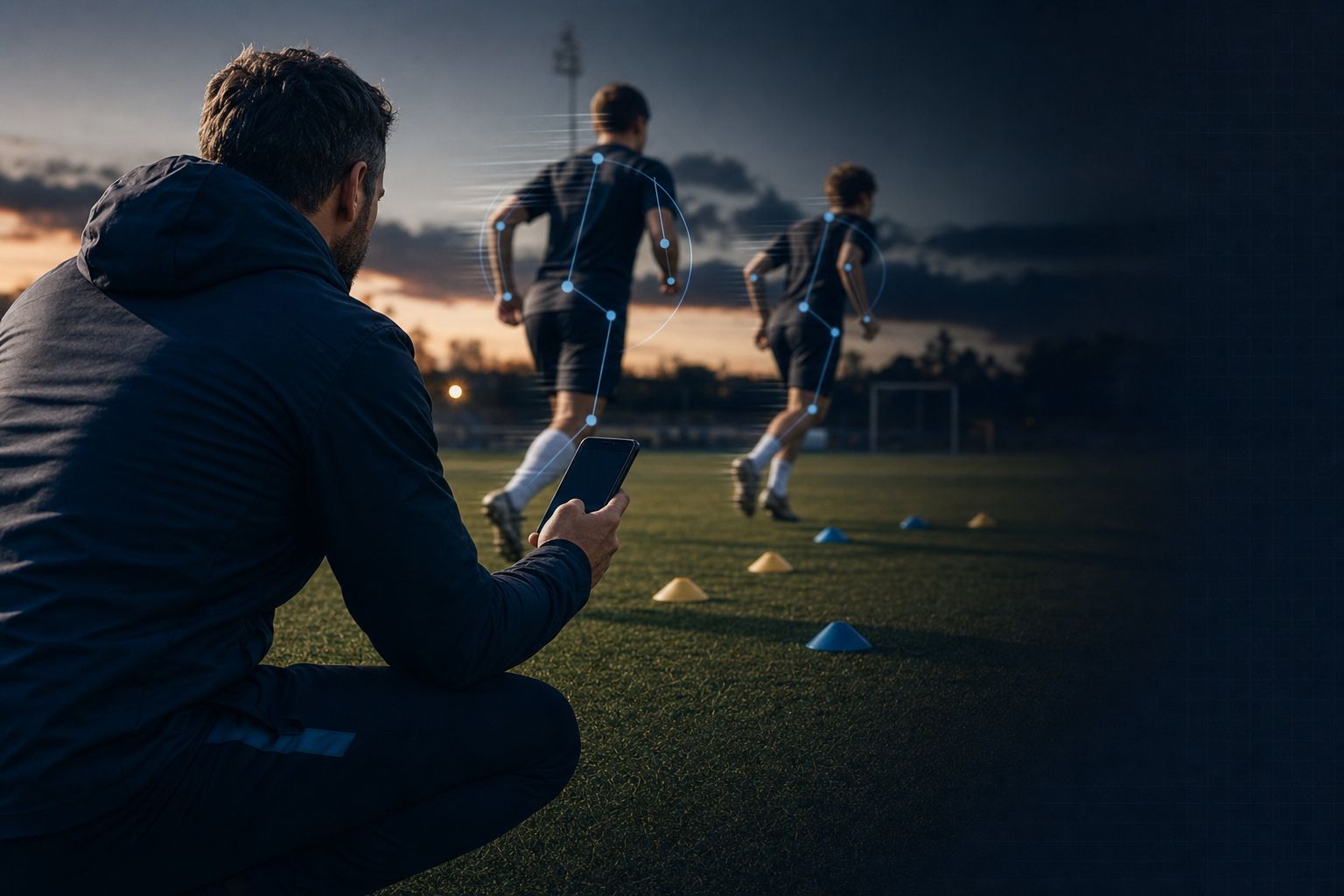 A high school soccer coach crouched at the edge of a practice field at dusk, holding a phone while two athletes run a drill behind him