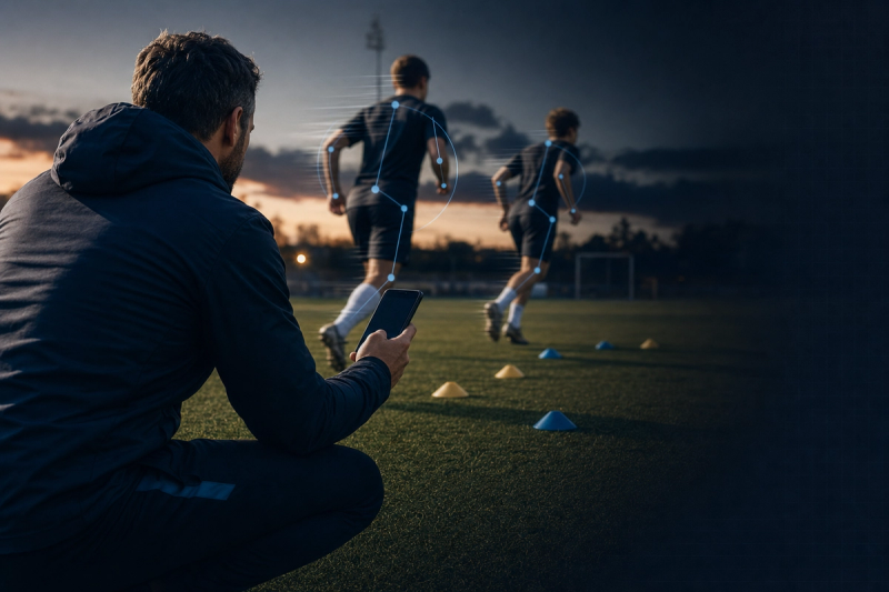 A high school soccer coach crouched at the edge of a practice field at dusk, holding a phone while two athletes run a drill behind him
