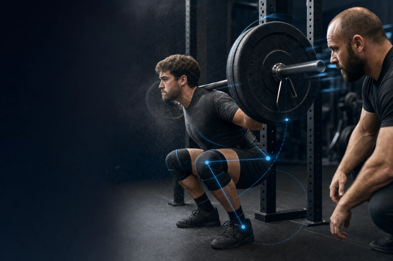 A lifter in a deep squat under a loaded barbell in a power rack, with a coach observing form nearby and faint blue joint-angle guide lines overlaid on the knee and hip.