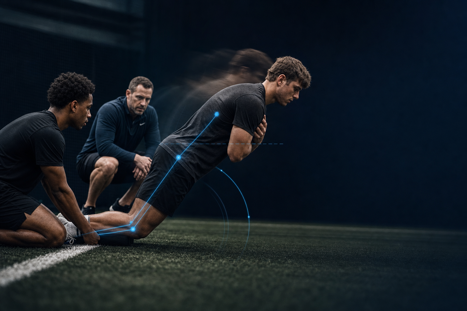 An athlete lowering into a Nordic hamstring curl on turf while a teammate anchors the ankles and a coach watches