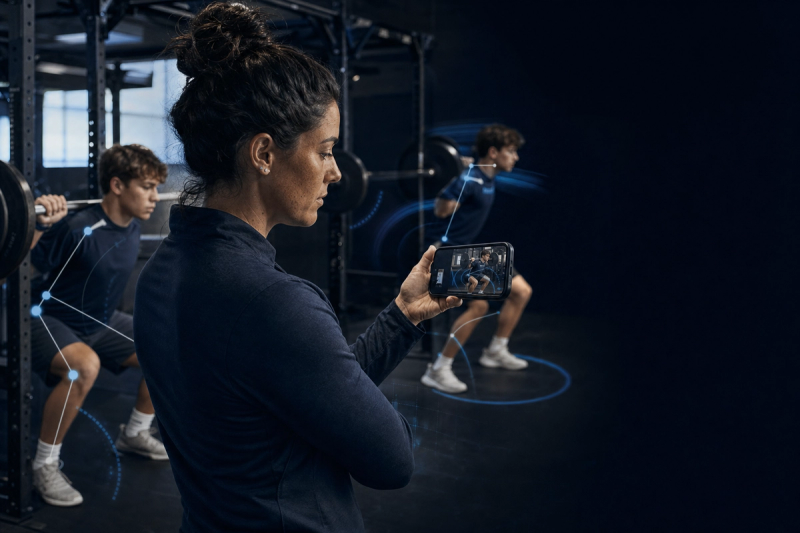 A high school strength coach reviews a just-recorded lift on her phone in a weight room while two athletes train behind her.