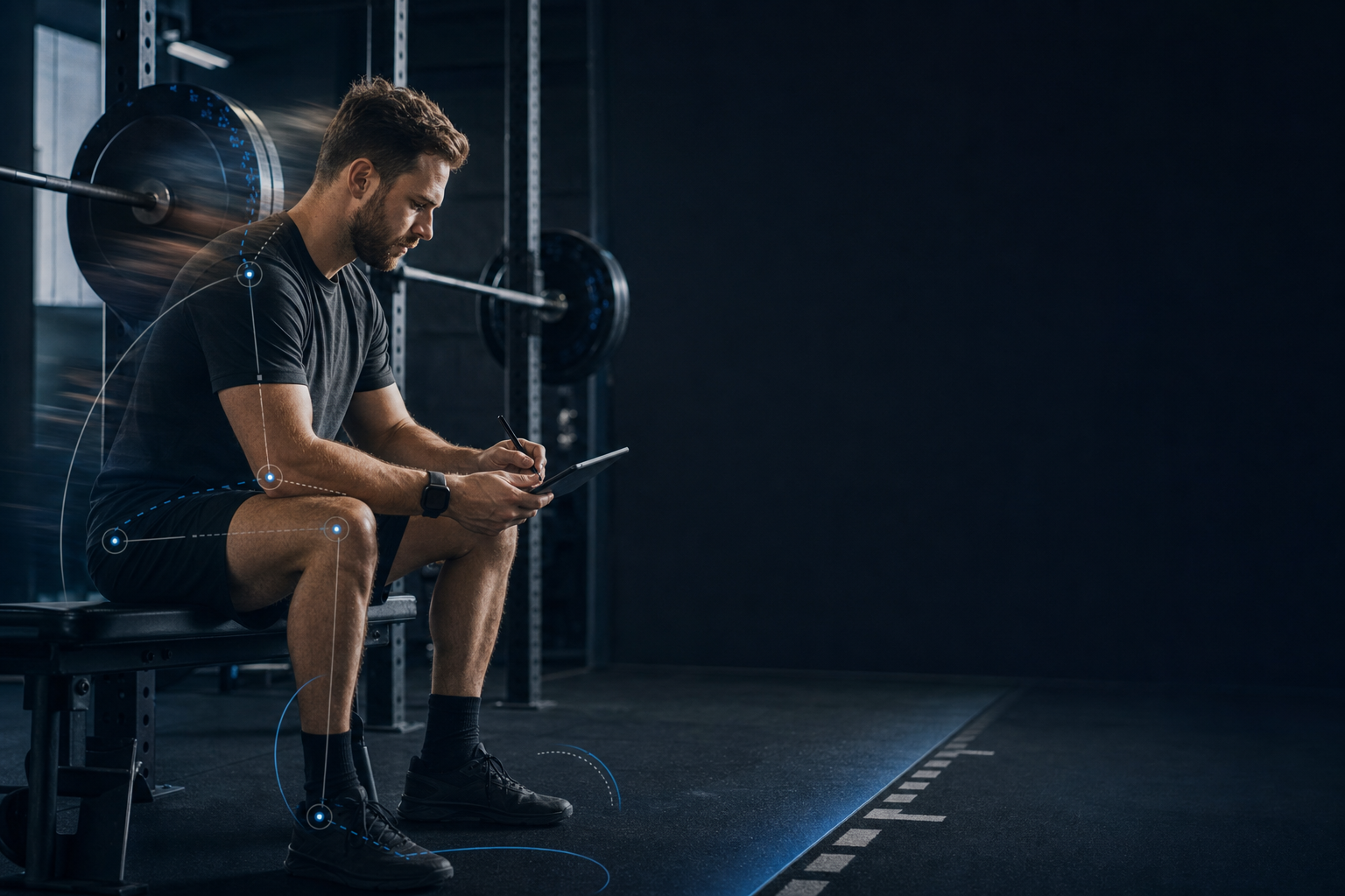 Personal trainer writing a client's weekly training program on a tablet at the edge of a studio gym floor