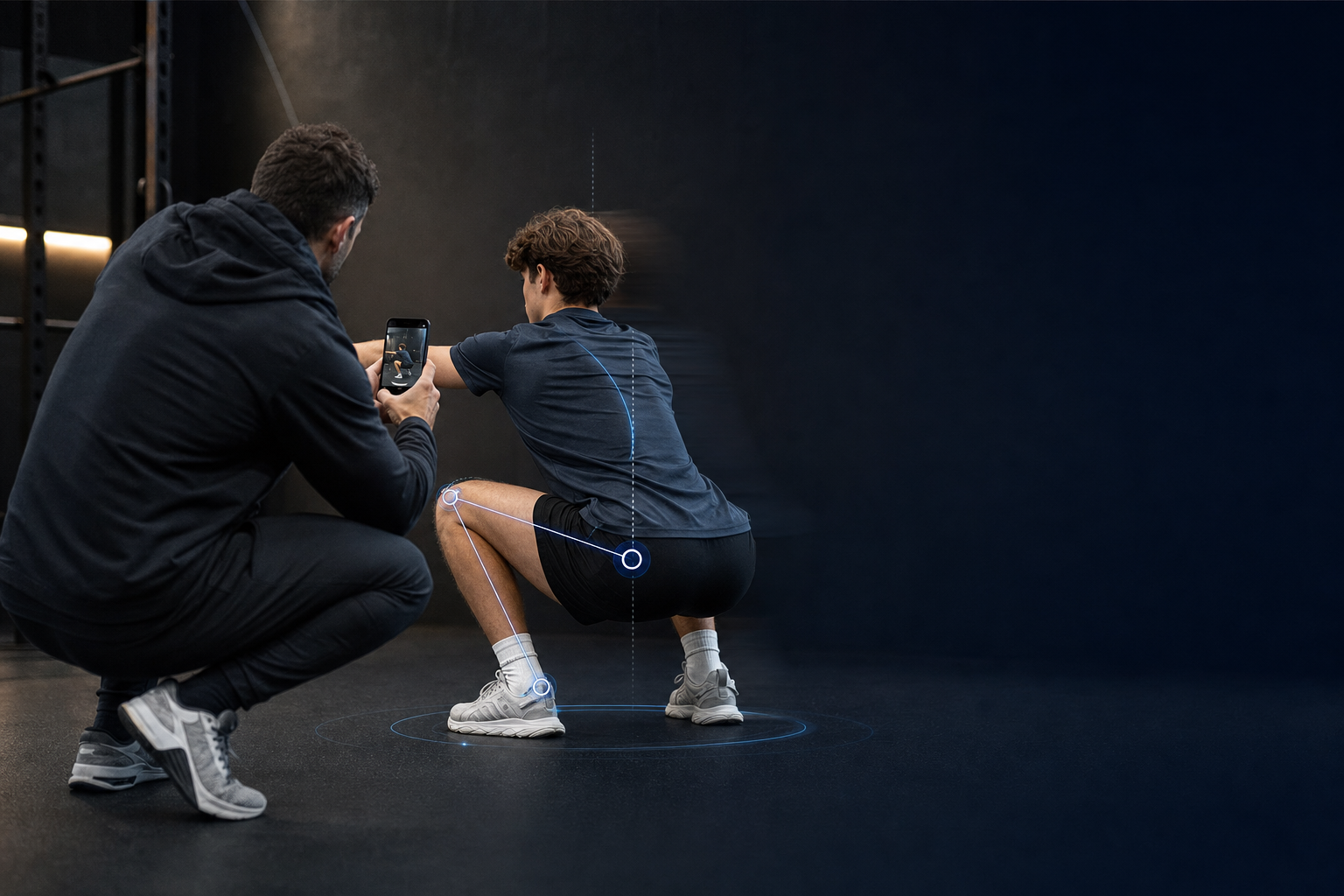 Coach watching an athlete perform a deep squat movement screen in a gym