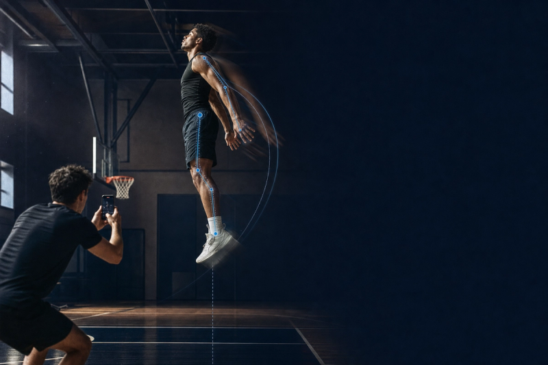 A basketball player at the peak of a countermovement jump in an empty gym while a teammate films the takeoff from the side on a phone