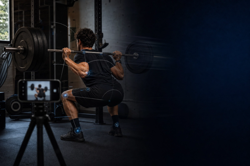 A lifter mid-set in a home gym, phone propped on a tripod recording the lift, back to camera, faint joint-angle overlay on the knee and hip.