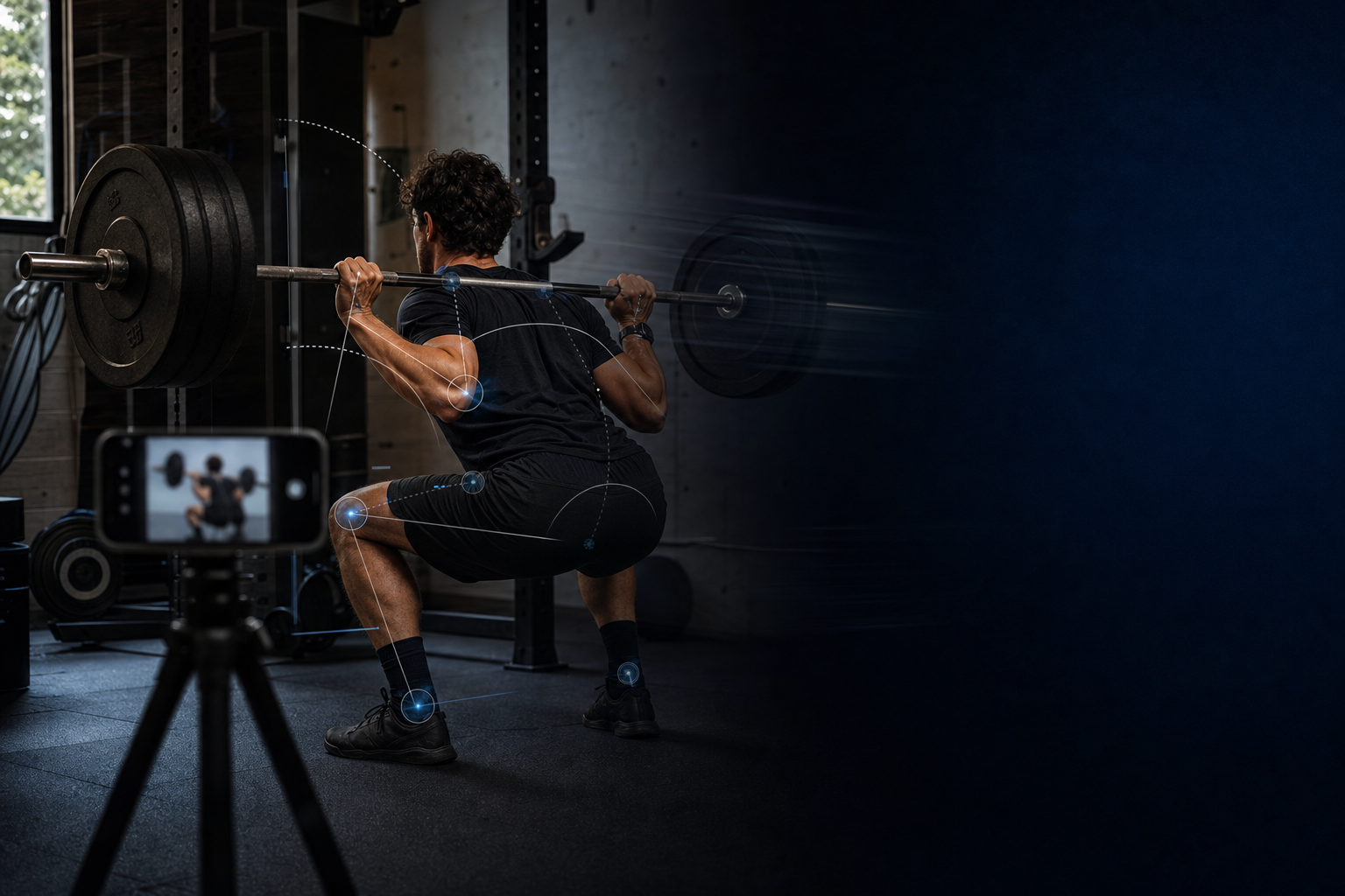 A lifter mid-set in a home gym, phone propped on a tripod recording the lift, back to camera, faint joint-angle overlay on the knee and hip.