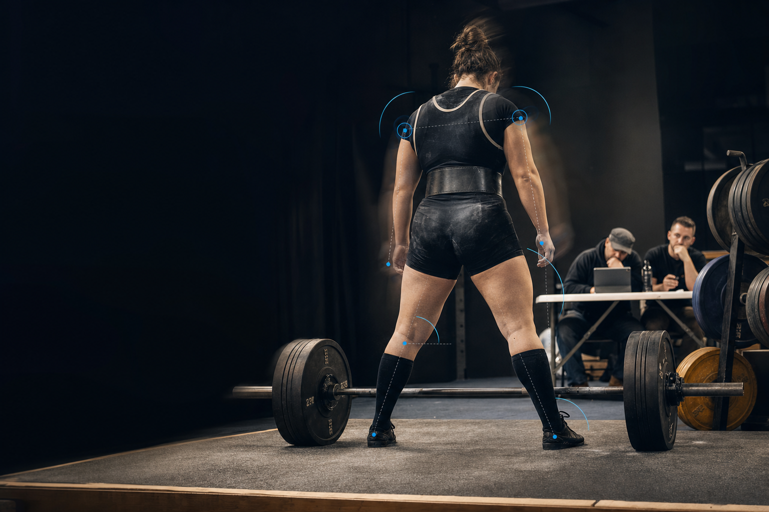A lifter viewed from behind mid-deadlift setup on a competition platform, with faint blue joint-angle guide lines over the shoulders, hips, and knees, and a judges' table visible in the background.