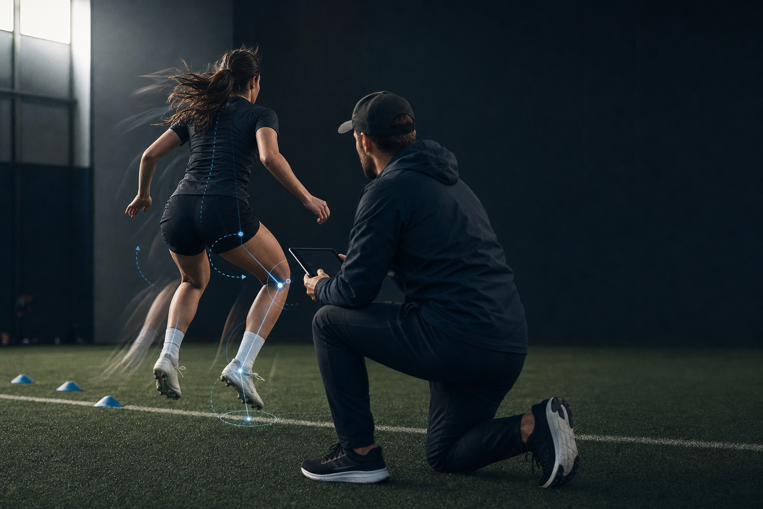Coach reviewing a female soccer player's jump-landing mechanics with AI movement-analysis overlays during a training drill