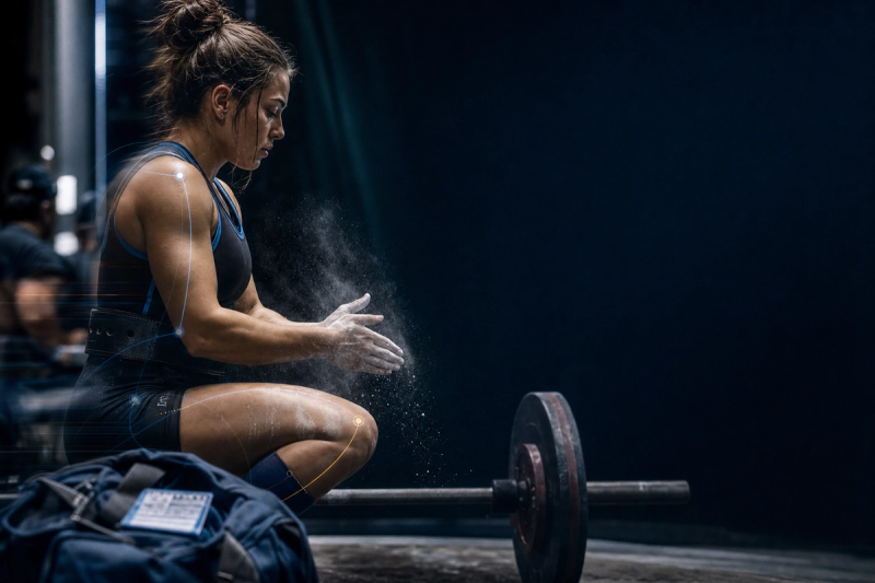 A powerlifter in a competition singlet chalking her hands beside a loaded barbell in a meet warm-up room, preparing for her flight.