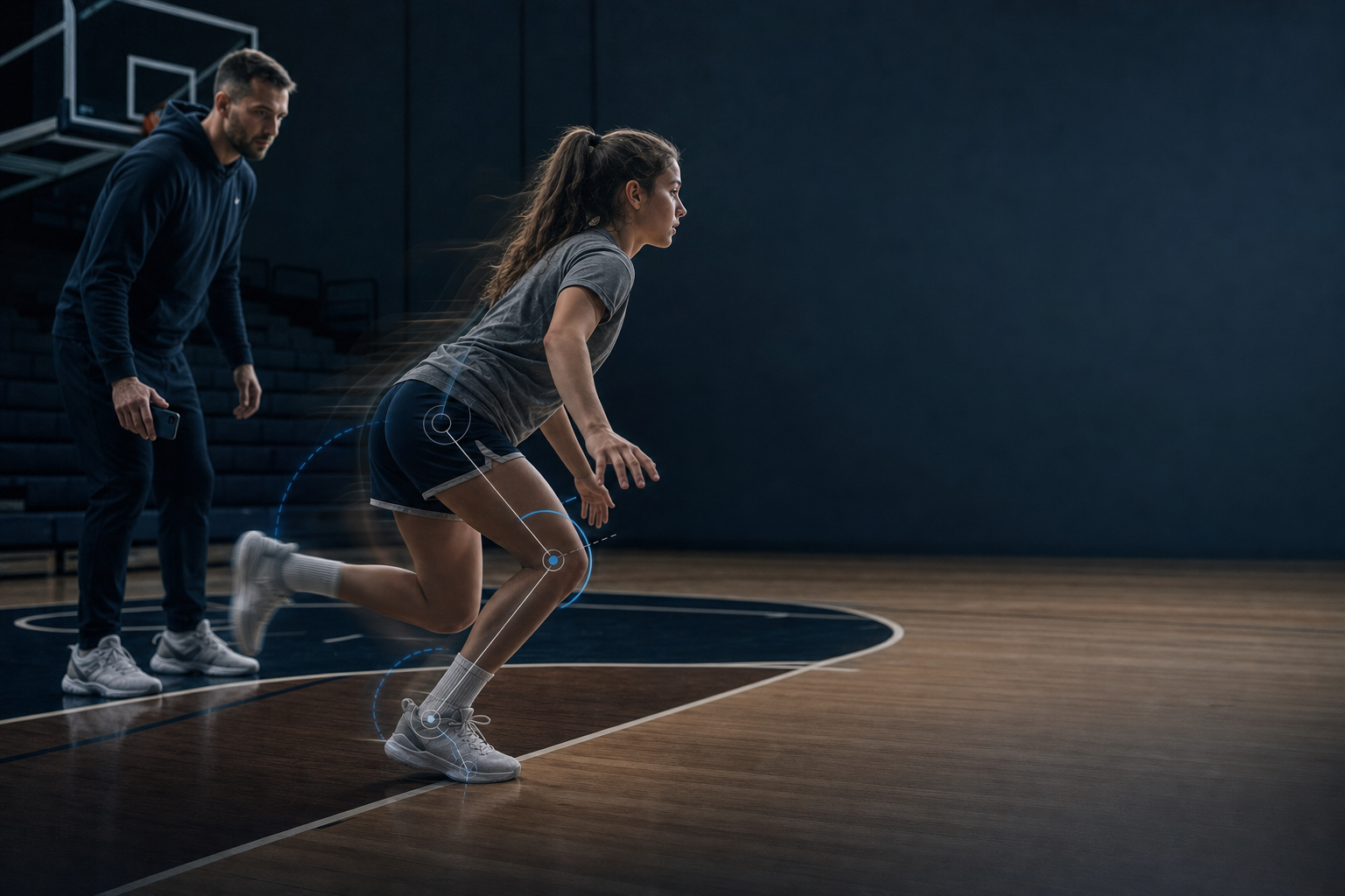 A high school basketball player absorbing a single-leg landing in an empty gym while a coach watches from a few feet away
