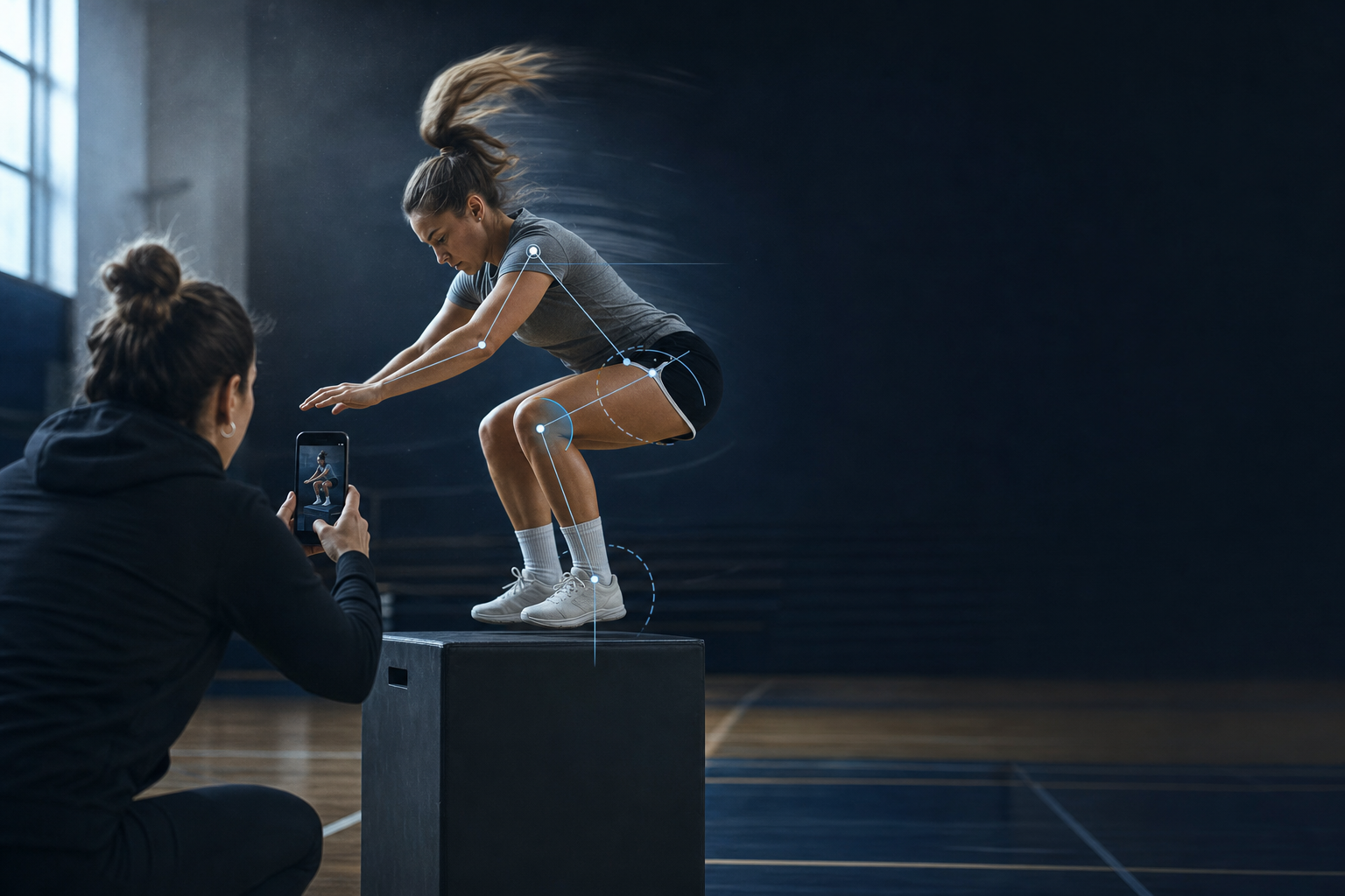 Coach filming a female soccer player's drop-jump landing in a school gym, with subtle joint-angle analysis cues