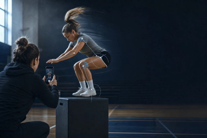 Coach filming a female soccer player's drop-jump landing in a school gym, with subtle joint-angle analysis cues