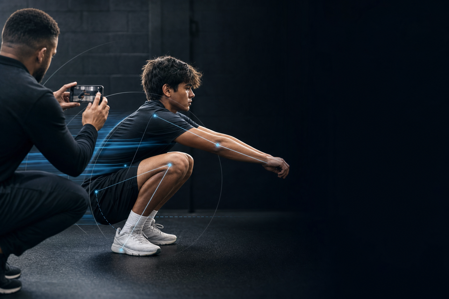 A coach films a high school athlete's deep squat from the side on a phone during a movement screen in a gym.