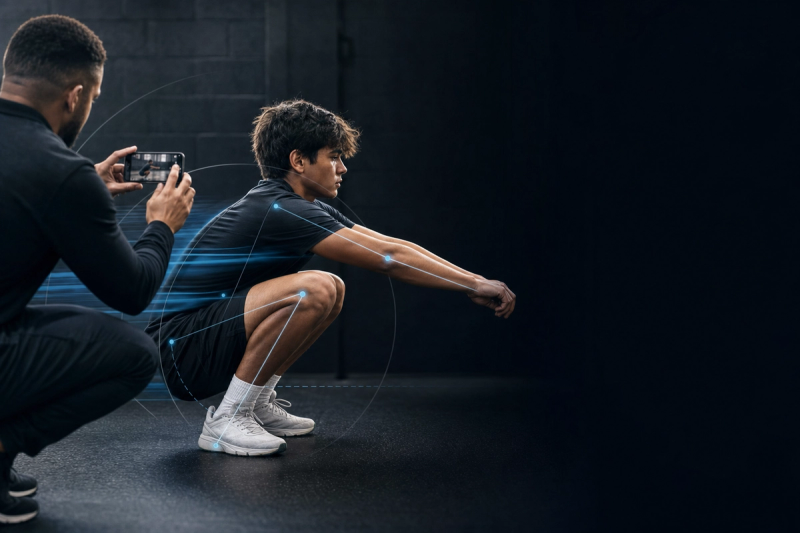 A coach films a high school athlete's deep squat from the side on a phone during a movement screen in a gym.