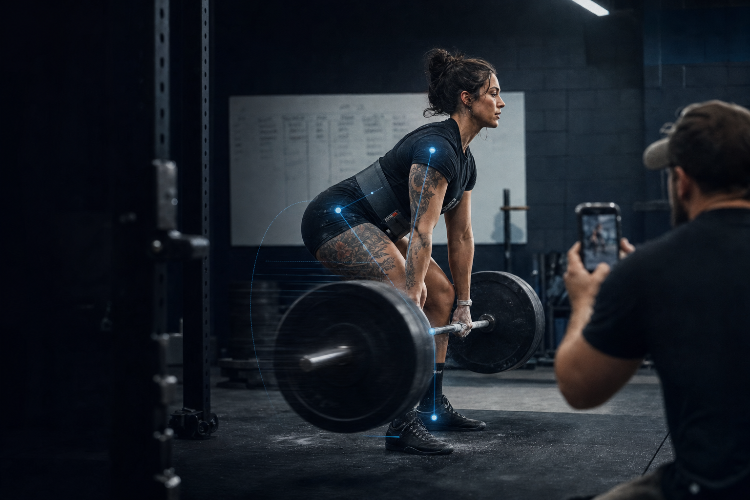 A powerlifter mid-deadlift in a gym with a coach recording video nearby