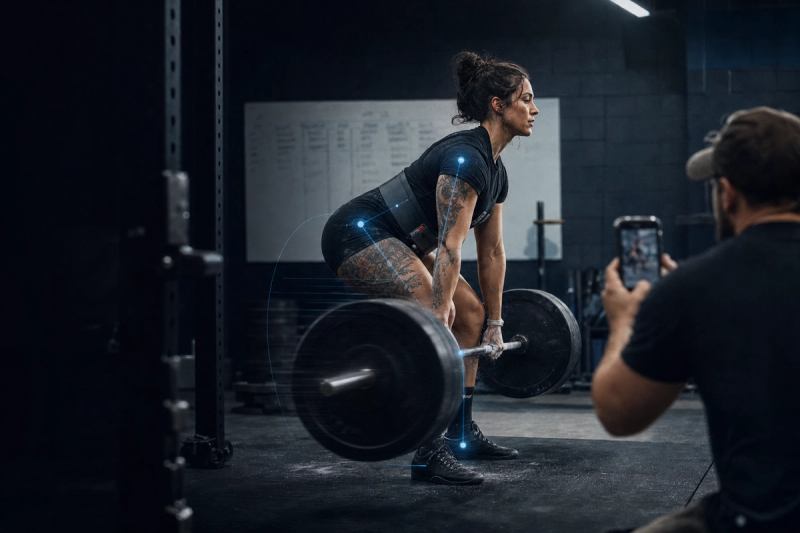 A powerlifter mid-deadlift in a gym with a coach recording video nearby