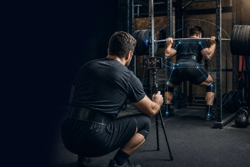 A powerlifter setting up a phone on a tripod beside a squat rack to film a heavy set for remote coach review, with biomechanical tracking overlays on the lift