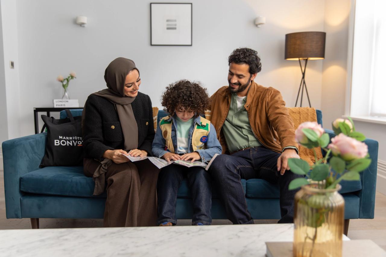 family of 3 looking at a map