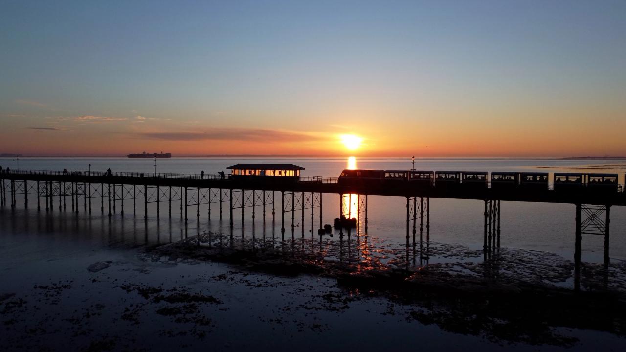drone shot of Southend Pier at sunset