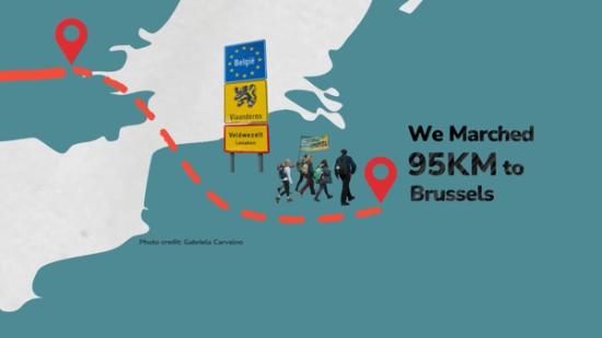 map and graphic of people marching to Brussels