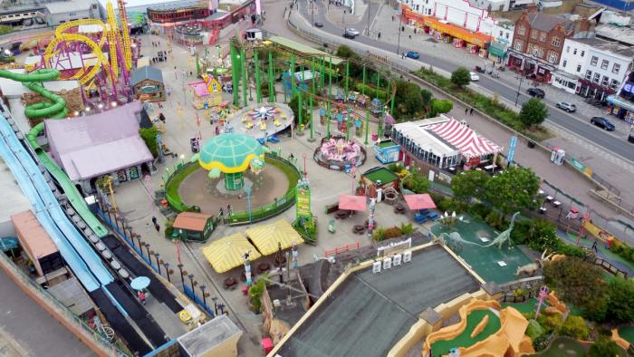 drone shot of theme park adventure island