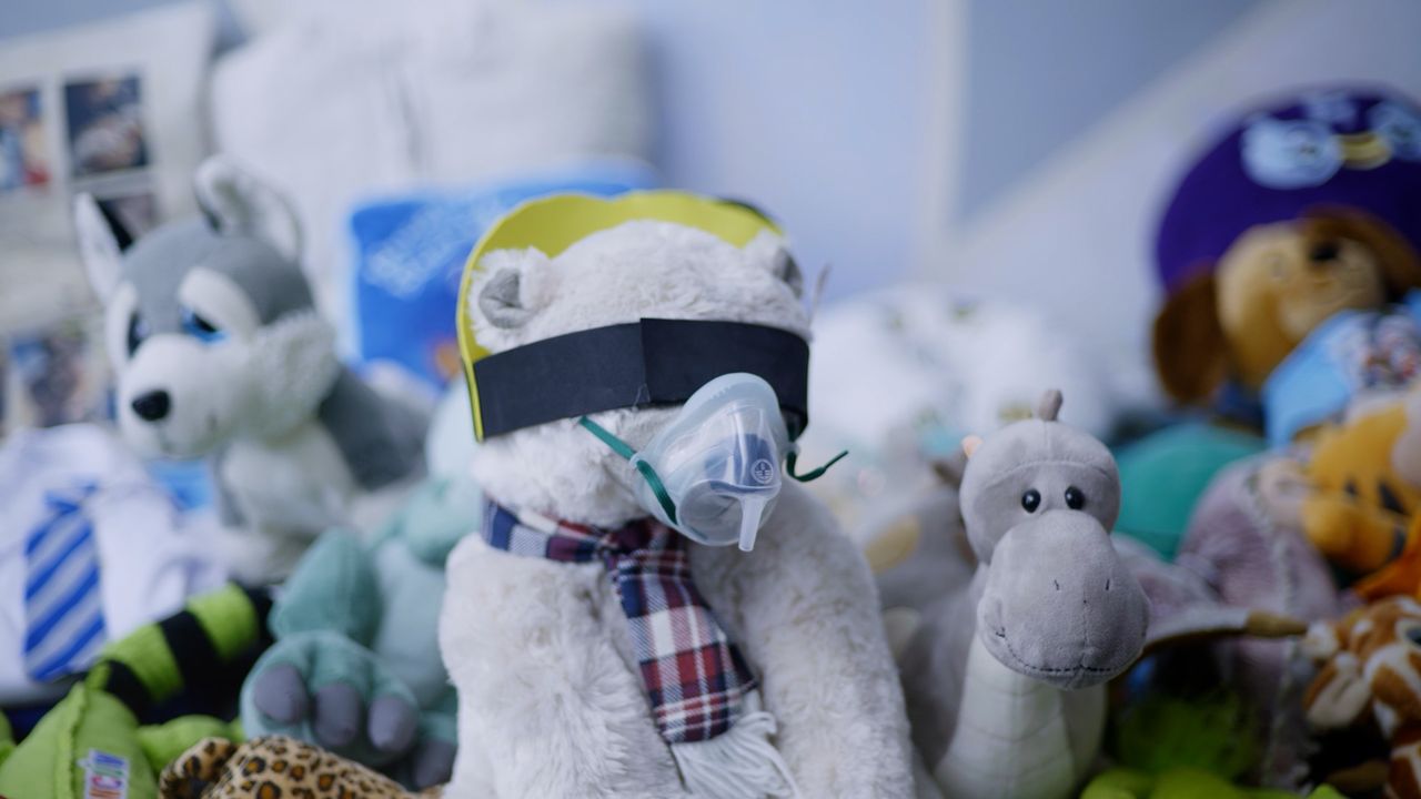 polar bear toy wearing oxygen mask