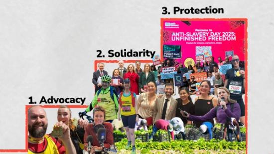 montage of people with steps that read '1.advocacy, 2. solidarity, 3. protection'