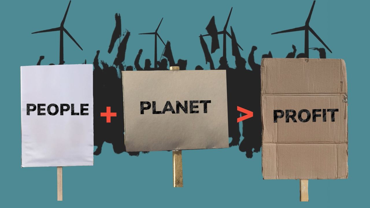 text on picket fences that read people plus planet over profit