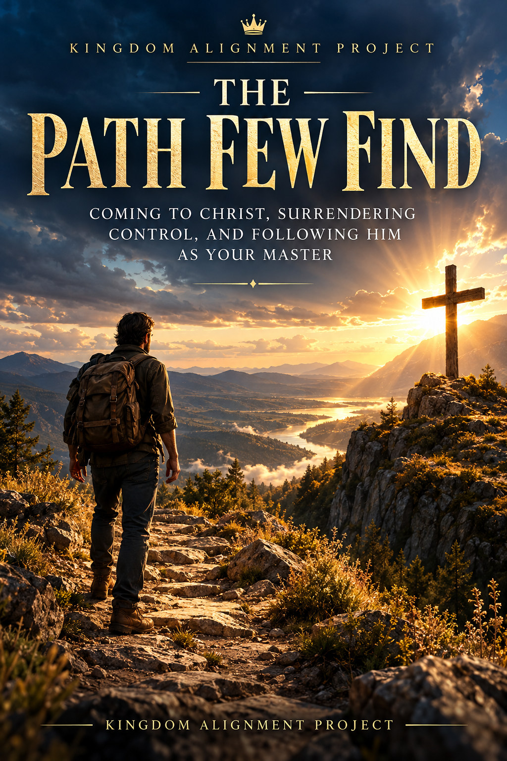 Cover of The Path Few Find by Kingdom Alignment Project, showing a lone traveler on a rugged mountain path leading toward a glowing cross beneath dramatic clouds and golden sunlight.