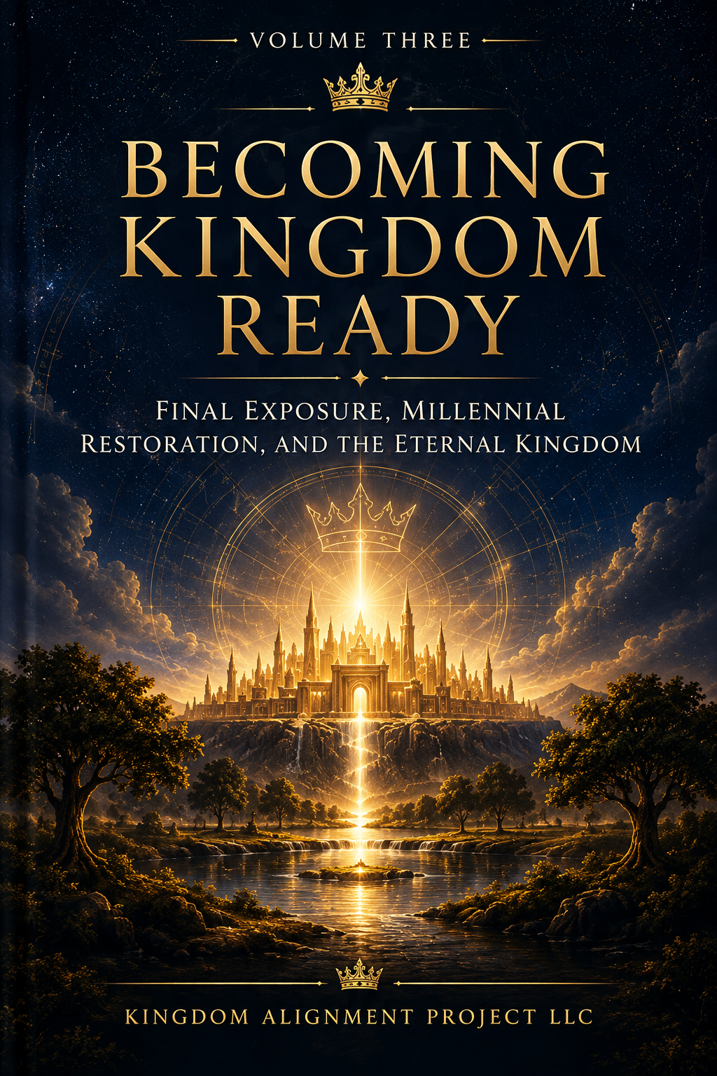 Becoming Kingdom Ready Volume Three book cover featuring a radiant golden city beyond a river beneath a column of heavenly light.