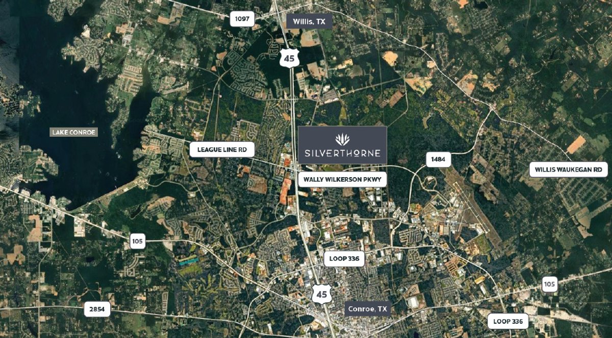 Aerial area map showing Silverthorne's location in Conroe, Texas.