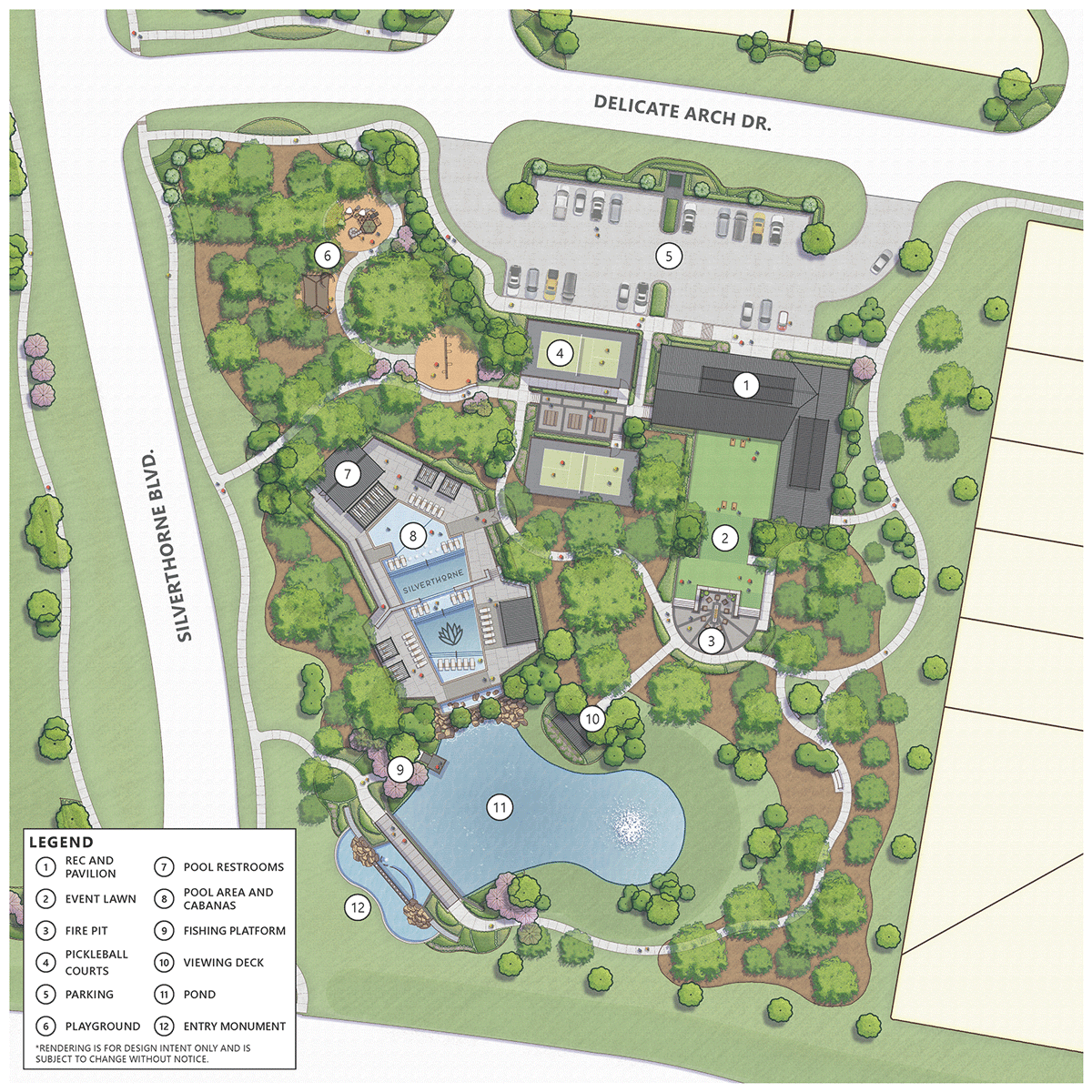 Silverthorne amenity area site plan with the pool, amenity center, and landscaped green space, with a legend.
