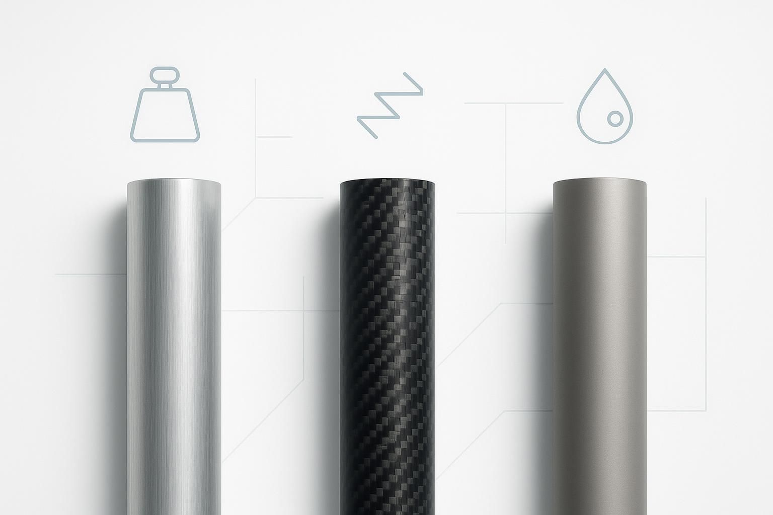 Lightweight wheelchair frame materials comparison: aluminum, carbon fiber, and titanium samples.