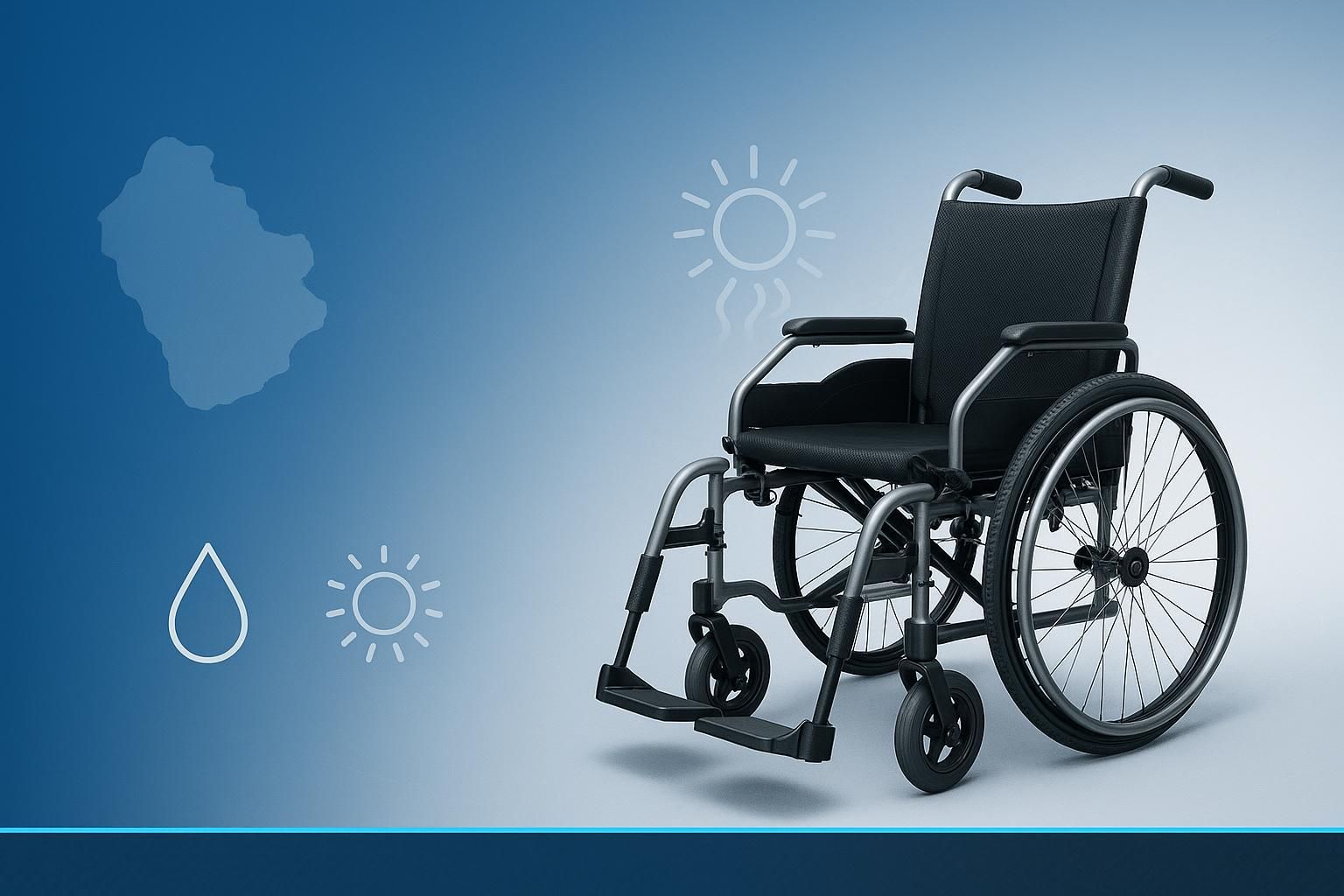 Manual wheelchair with hot climate symbols for sun, humidity, and dry regions