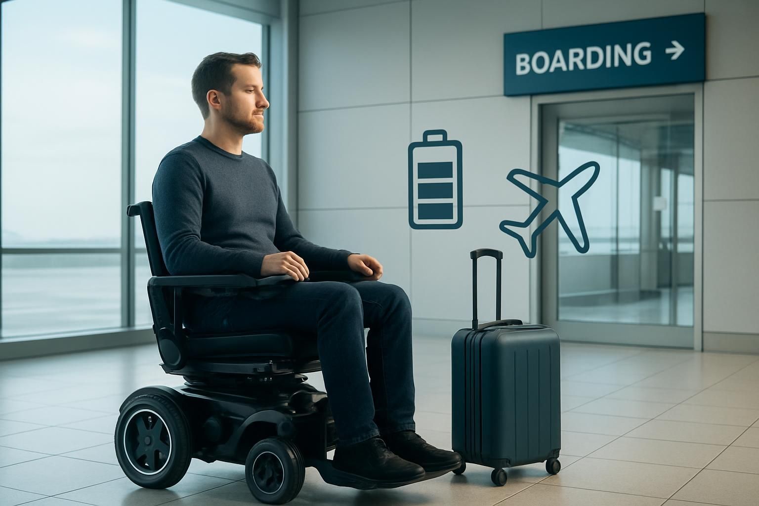 Traveler using an electric wheelchair near an airport boarding gate with battery and airplane icons