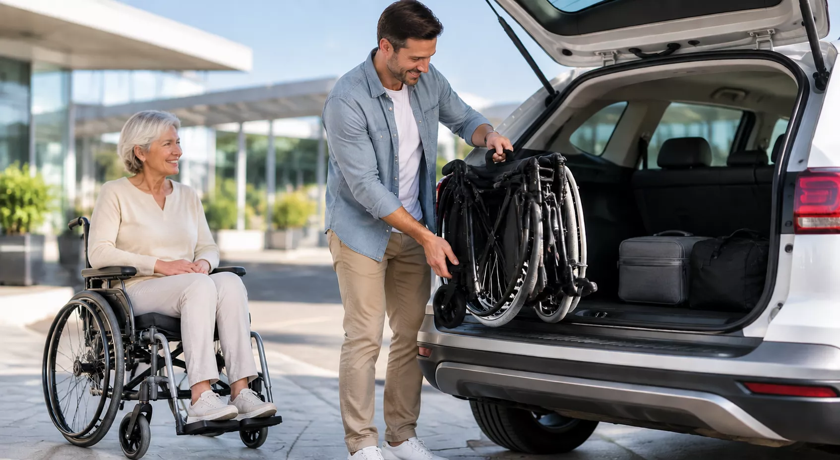 Caregiver loading a folded wheelchair into a vehicle while a wheelchair user waits nearby