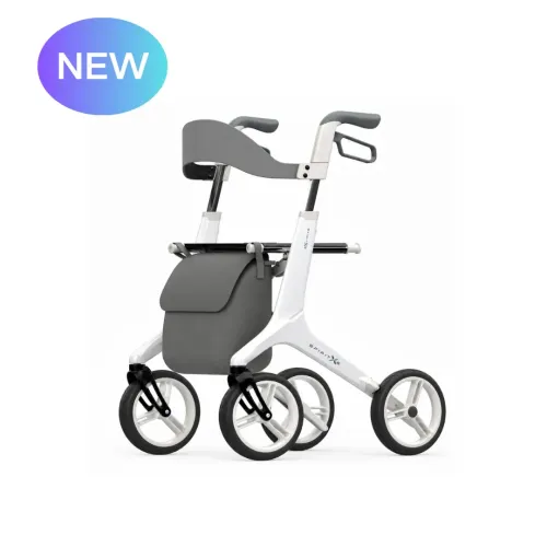 SPIRIT X6 carbon fiber rollator with grey seat and NEW badge, side view