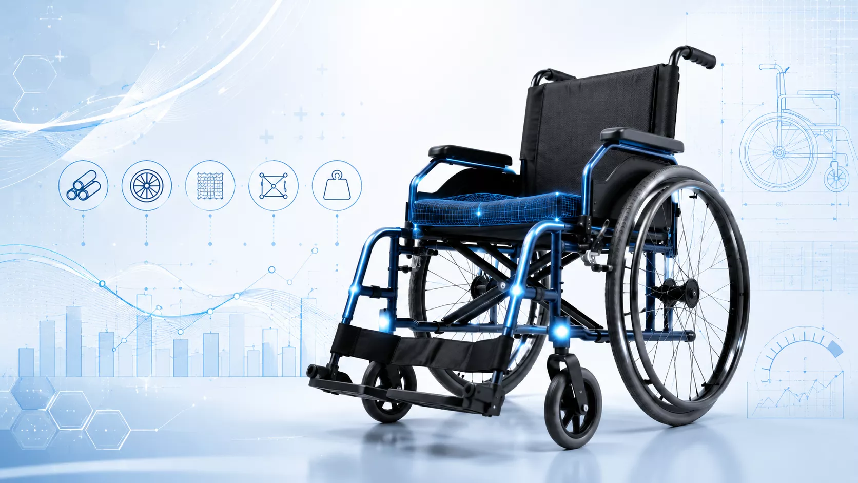 Manual wheelchair shown with technical design and load-capacity graphics