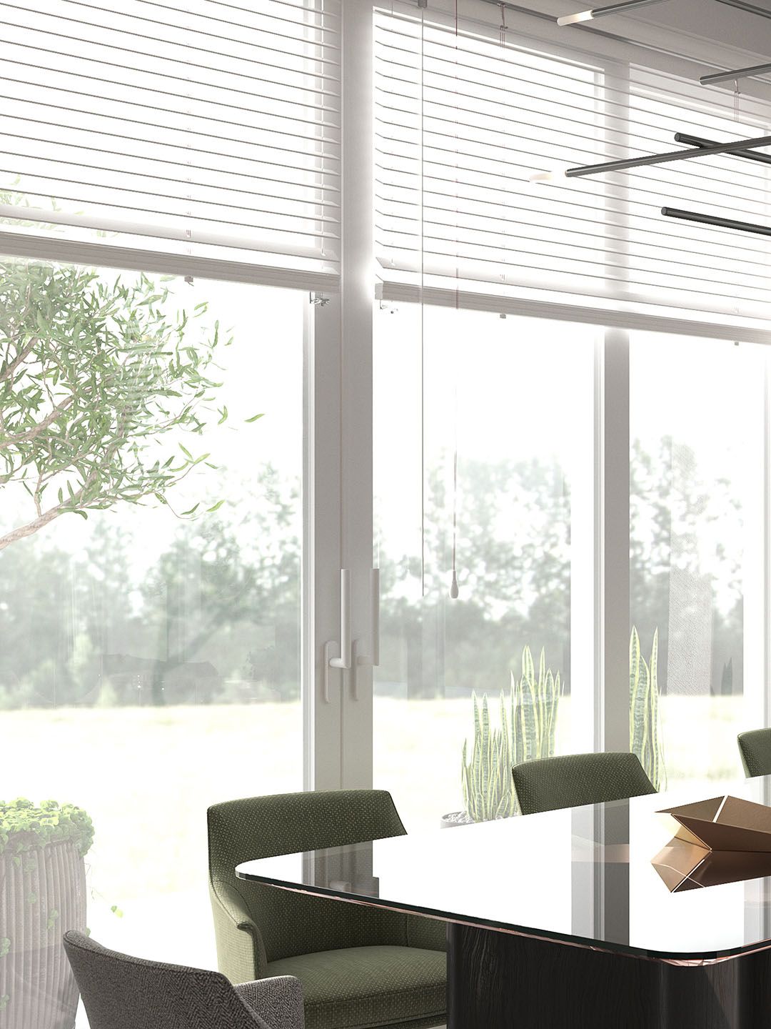 Venetian blinds in a dining area