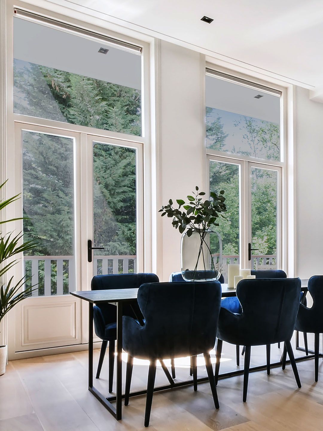 Window film applied to glass panels in a dining room
