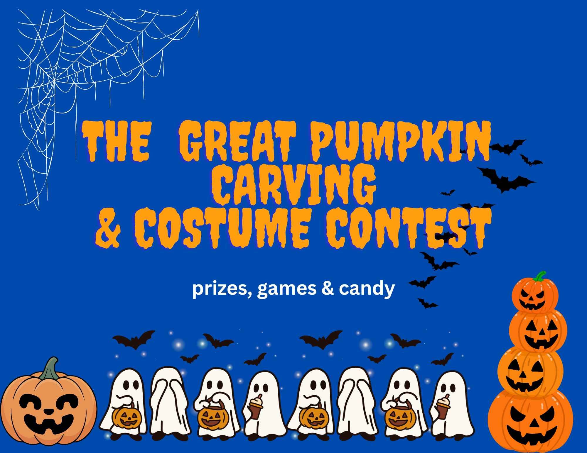 Pumpkin carving, image with ghosts and pumpkins, date of October 24th 12-4pm