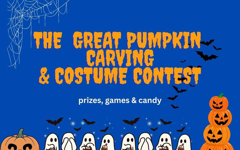 Pumpkin carving, image with ghosts and pumpkins, date of October 24th 12-4pm