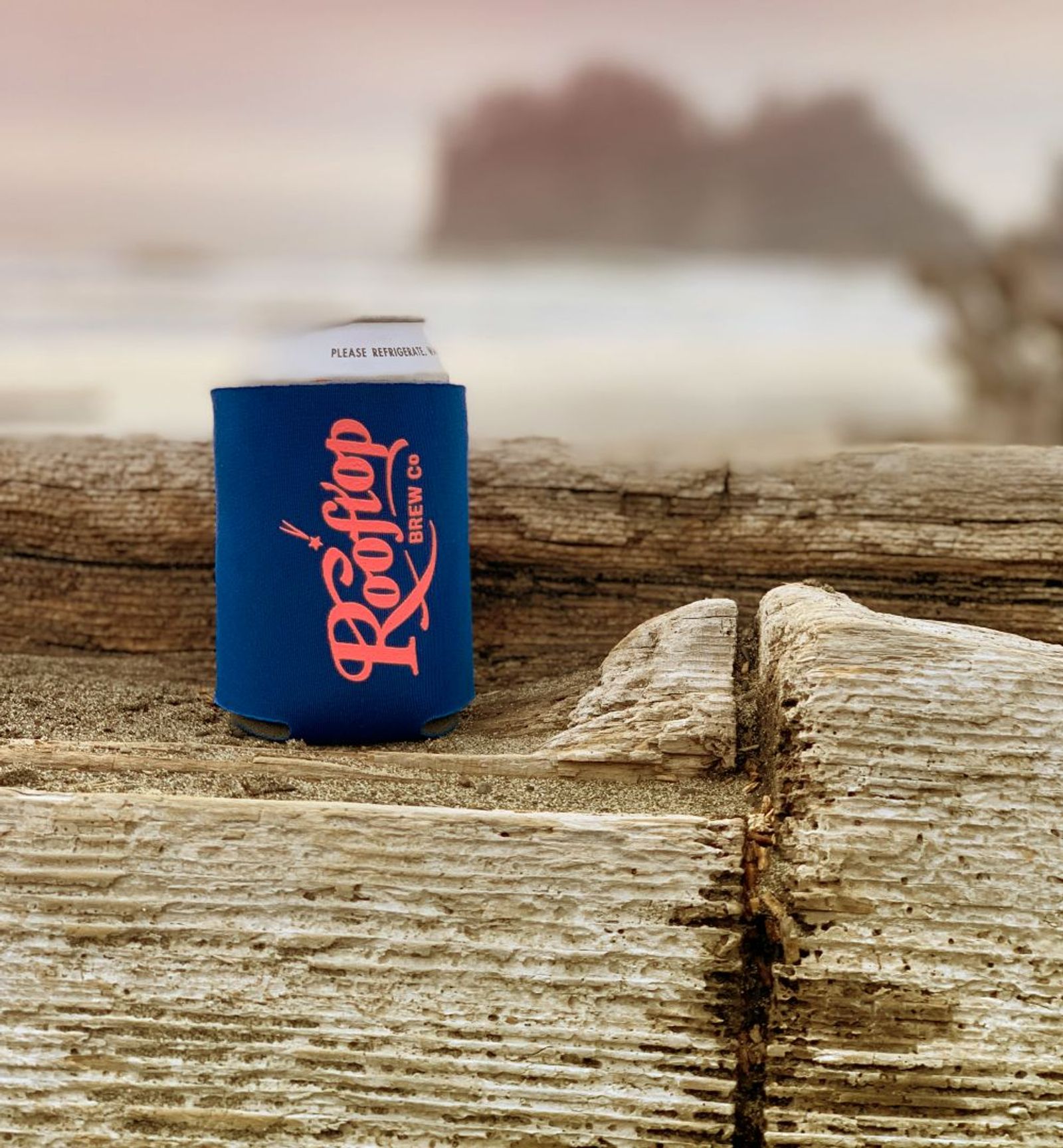 A Rooftop koozie on a driftwood log at the beach