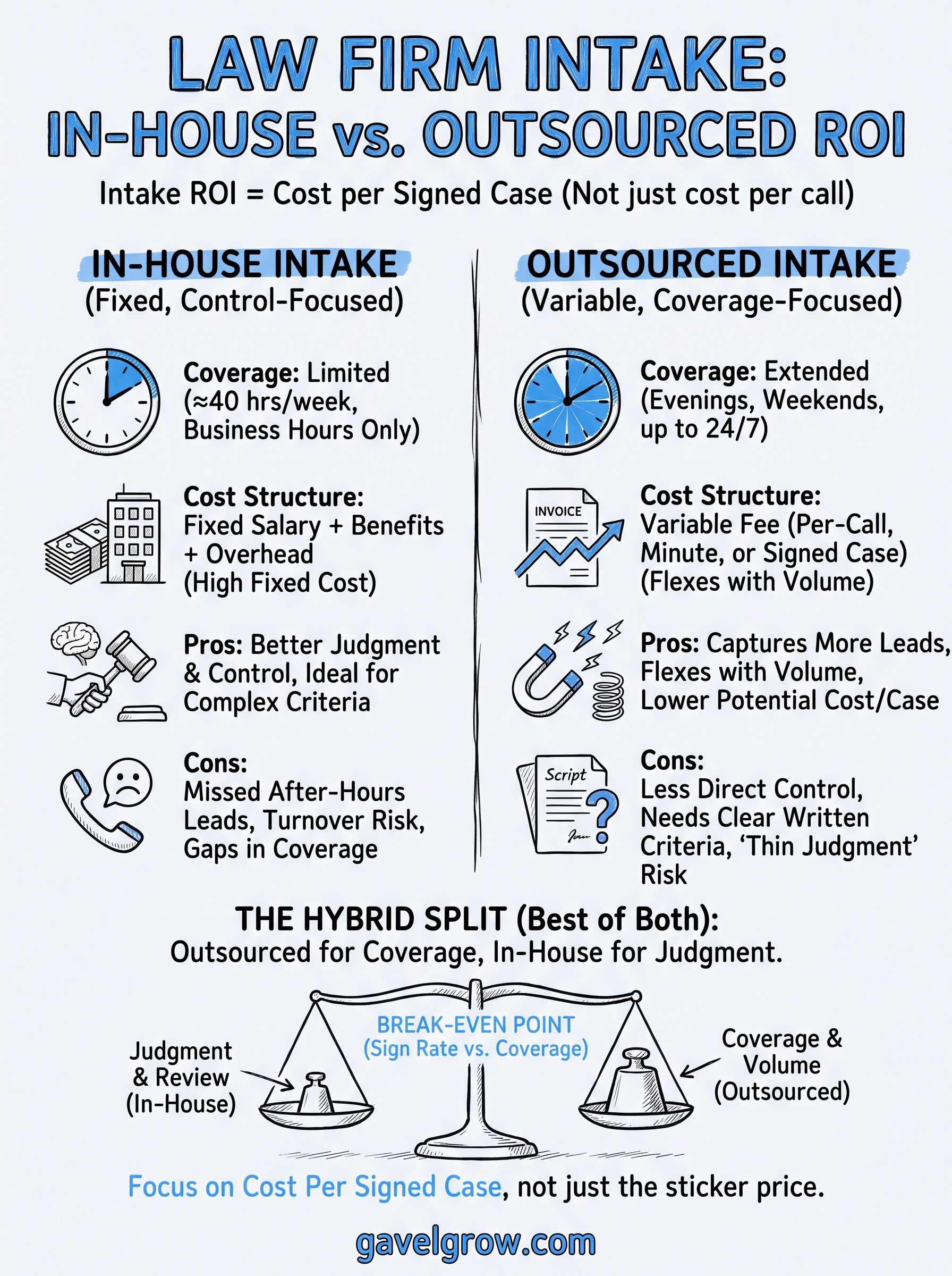 law firm intake outsourcing vs in house roi infographic