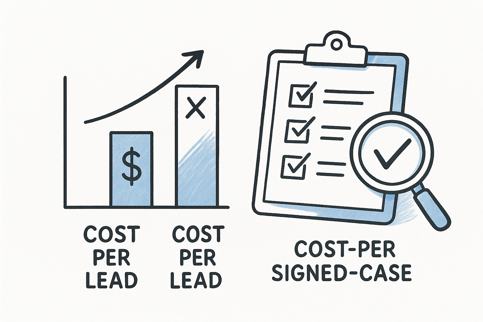 Track cost-per-signed-case, not cost-per-lead