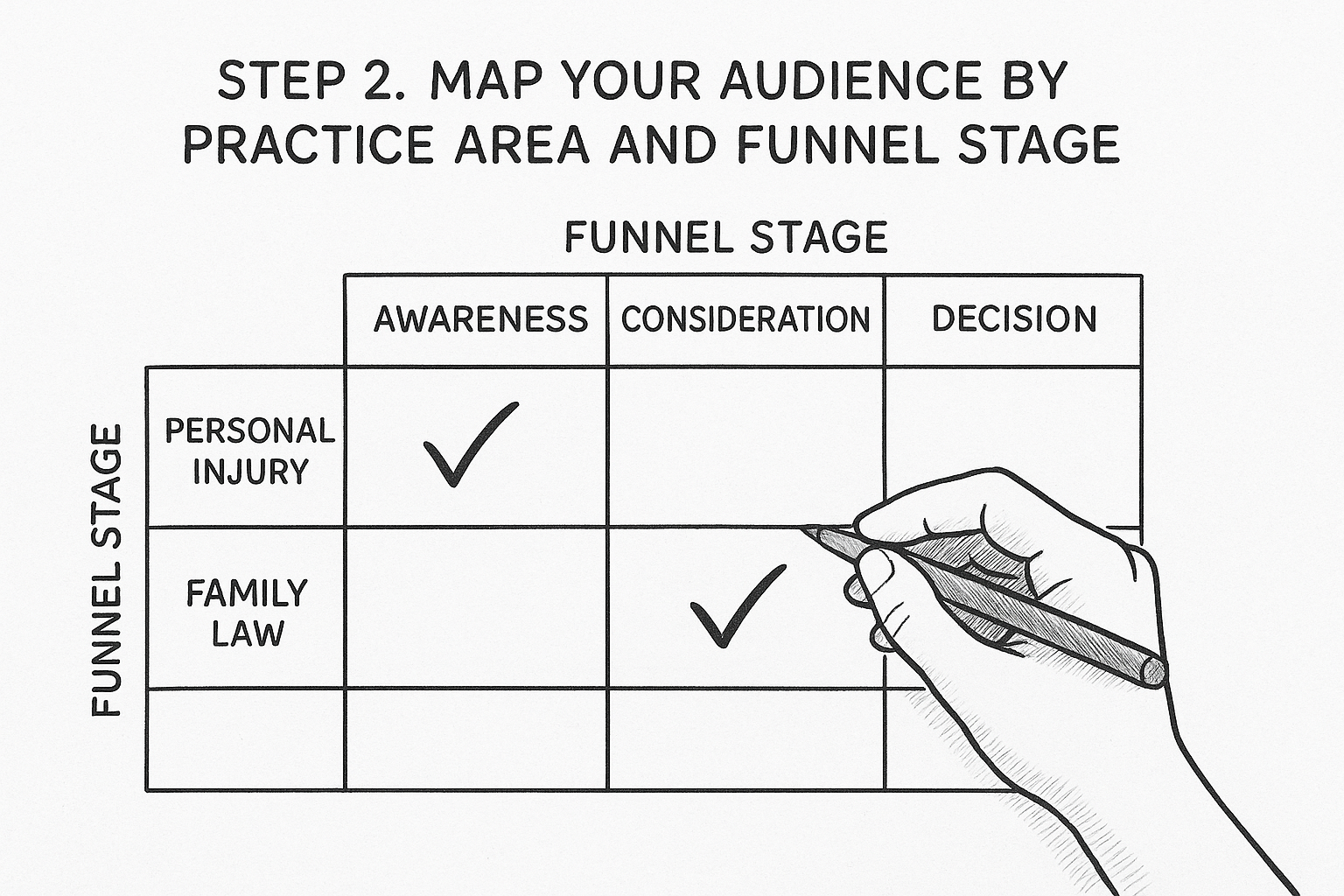 Step 2. Map your audience by practice area and funnel stage