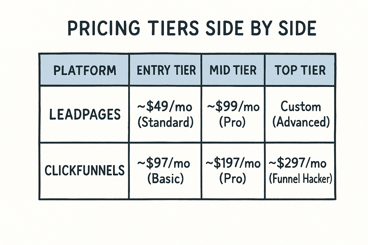 Pricing tiers side by side