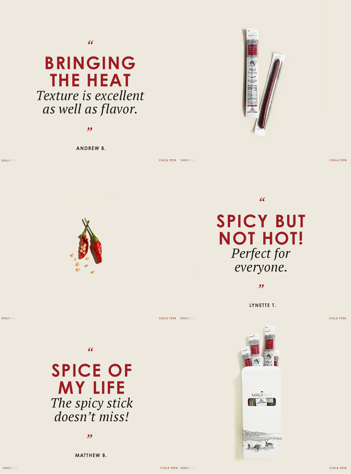 Customer reviews for Maui Nui Venison's Chila Pepa spicy meat stick, with testimonials praising its flavor, heat, and texture alongside product and ingredient photography.