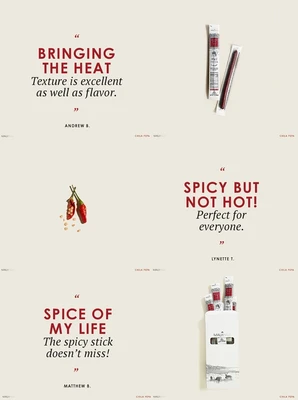 Customer reviews for Maui Nui Venison's Chila Pepa spicy meat stick, with testimonials praising its flavor, heat, and texture alongside product and ingredient photography.
