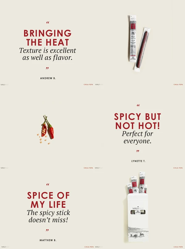Customer reviews for Maui Nui Venison's Chila Pepa spicy meat stick, with testimonials praising its flavor, heat, and texture alongside product and ingredient photography.